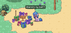 Size: 2560x1200 | Tagged: safe, imported from derpibooru, izzy moonbow, pony, unicorn, pony town, spoiler:g5, adorable distress, crying, cute, flower, g5, izzybetes, present, sign, that pony sure does love tennis balls, tree stump