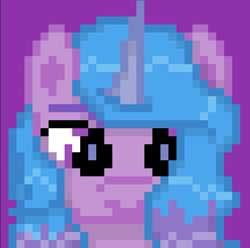 Size: 561x557 | Tagged: safe, artist:explosionmare, imported from derpibooru, izzy moonbow, pony, unicorn, female, g5, mare, pixel art, purple background, simple background, solo