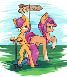 Size: 1472x1698 | Tagged: safe, artist:kiselan, imported from derpibooru, scootaloo, sunny starscout, earth pony, pegasus, pony, bipedal, braid, cutie mark, featureless crotch, female, g4, g5, green, guidepost, look-alike, looking back, mare, scooter, signature, sky, smiling, unshorn fetlocks