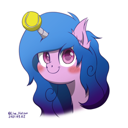 Size: 1600x1600 | Tagged: safe, artist:livehotsun, imported from derpibooru, izzy moonbow, pony, unicorn, ball, blushing, bust, cute, ear fluff, female, g5, g5 movie, horn, horn guard, horn impalement, hornball, izzy's tennis ball, looking at you, mare, portrait, signature, simple background, smiling, solo, tennis ball, white background