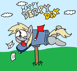 Size: 802x740 | Tagged: safe, artist:dragonboi471, imported from derpibooru, derpy hooves, pony, blushing, derpy day, derpy inside a mailbox, mailbox, solo, stuck, tongue out