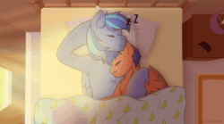 Size: 872x486 | Tagged: safe, artist:kichimina, imported from derpibooru, oc, oc only, pegasus, pony, animated, bed, bedroom, chest fluff, colored, commission, crepuscular rays, cuddling, cute, ear fluff, eyes closed, fluffy, gay, gif, hooves, hug, lying down, male, morning, oc x oc, on back, open mouth, pegasus oc, pillow, raised hoof, shipping, sleeping, stallion, sun ray, vector, wings, ych result