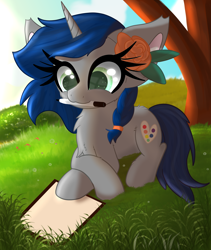 Size: 3198x3797 | Tagged: safe, artist:windykirin, imported from derpibooru, oc, oc only, oc:sterling, pony, unicorn, drawing, female, flower, flower in hair, grass, long eyelashes, lying down, mouth hold, solo, tree