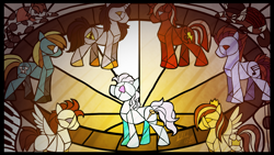 Size: 4000x2250 | Tagged: safe, artist:dragonwolfrooke, imported from derpibooru, screw loose, oc, oc:4everfreebrony, oc:prince whateverer, earth pony, pegasus, pony, unicorn, oc name needed, oc needed, song art, stained glass