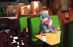 Size: 2000x1296 | Tagged: safe, artist:redruin01, imported from derpibooru, oc, oc:amber dart, oc:cakeran, oc:slot b, oc:tab a, earth pony, pony, earth pony oc, restaurant, title