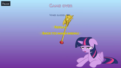 Size: 1061x597 | Tagged: safe, artist:futzi01, imported from derpibooru, twilight sparkle, alicorn, pony, female, game, game over, horn, mare, scepter, sitting, smiling, text, twilight scepter, twilight sparkle (alicorn), unamused, vine slicer, wings