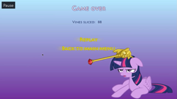 Size: 1061x597 | Tagged: safe, artist:futzi01, imported from derpibooru, twilight sparkle, alicorn, pony, abuse, female, game, game over, hitting, horn, mare, ouch, scepter, sitting, smiling, text, twilight scepter, twilight sparkle (alicorn), twilybuse, unamused, vine slicer, wings