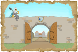 Size: 1024x683 | Tagged: safe, alternate version, artist:malte279, imported from derpibooru, oc, oc:galahad, griffon, tails of equestria, coat of arms, gate, spy, town wall, trottingham, worldbuilding
