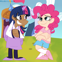 Size: 1090x1090 | Tagged: safe, artist:mirabuncupcakes15, imported from derpibooru, pinkie pie, twilight sparkle, human, alicorn humanization, clothes, dark skin, duo, female, flats, grin, horn, horned humanization, humanized, shirt, shoes, shorts, skirt, smiling, socks, stockings, t-shirt, thigh highs, vest, winged humanization, wings