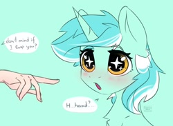 Size: 3183x2325 | Tagged: safe, artist:radioaxi, artist:reterica, imported from derpibooru, lyra heartstrings, human, pony, unicorn, :o, anime face, blushing, cute, dialogue, disembodied hand, eyes on the prize, female, hand, imminent boop, implied boop, light blue background, lyrabetes, mare, offscreen character, offscreen human, open mouth, simple background, solo focus, speech bubble, starry eyes, that pony sure does love hands, wingding eyes