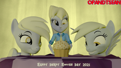 Size: 3840x2160 | Tagged: safe, artist:optimussparkle, imported from derpibooru, derpy hooves, pegasus, pony, equestria girls, 3d, derpy day, food, muffin, source filmmaker