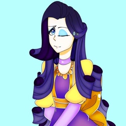 Size: 1080x1080 | Tagged: safe, artist:tessa_key_, imported from derpibooru, rarity, human, blue background, bust, choker, clothes, eyelashes, humanized, makeup, one eye closed, simple background, solo, wink