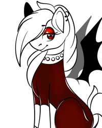 Size: 1080x1350 | Tagged: safe, artist:tessa_key_, imported from derpibooru, oc, oc only, bat pony, pony, bat pony oc, bat wings, bedroom eyes, ear piercing, earring, eyelashes, floating wings, jewelry, partial color, piercing, simple background, sitting, smiling, solo, white background, wings