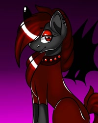 Size: 1080x1350 | Tagged: safe, alternate version, artist:tessa_key_, imported from derpibooru, oc, oc only, bat pony, pony, bat pony oc, bat wings, bedroom eyes, ear piercing, earring, eyelashes, floating wings, gradient background, jewelry, piercing, sitting, smiling, solo, wings