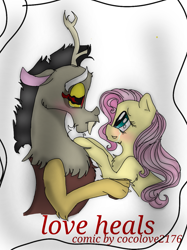 Size: 899x1200 | Tagged: safe, artist:coco_loves_art, artist:cocolove2176, imported from derpibooru, discord, fluttershy, draconequus, pegasus, pony, comic:love heals, blushing, bust, comic, cover art, crying, discoshy, duo, eyelashes, female, male, mare, open mouth, shipping, smiling, straight, tears of joy