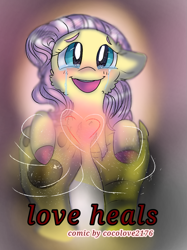 Size: 899x1200 | Tagged: safe, artist:coco_loves_art, artist:cocolove2176, imported from derpibooru, discord, fluttershy, draconequus, pegasus, pony, comic:love heals, :d, blushing, bust, comic, cover art, crying, discoshy, eyelashes, female, heart, holding a pony, male, male pov, mare, offscreen character, open mouth, pov, shipping, smiling, straight, tears of joy