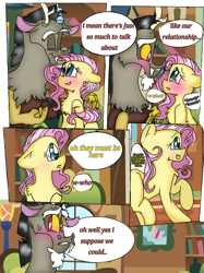 Size: 899x1200 | Tagged: safe, alternate version, artist:coco_loves_art, artist:cocolove2176, imported from derpibooru, discord, fluttershy, draconequus, pegasus, pony, comic:love heals, blushing, bust, comic, dialogue, discoshy, duo, eyelashes, female, floppy ears, indoors, male, mare, open mouth, shipping, smiling, solo, solo female, solo male, straight