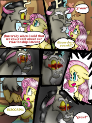 Size: 899x1200 | Tagged: safe, artist:coco_loves_art, artist:cocolove2176, imported from derpibooru, discord, fluttershy, draconequus, pegasus, pony, comic:love heals, angry, bust, comic, crying, dialogue, discoshy, duo, eyelashes, eyes closed, female, floppy ears, groan, growl, indoors, male, mare, onomatopoeia, open mouth, shipping, smiling, solo, solo female, solo male, straight, tears of fear, teeth