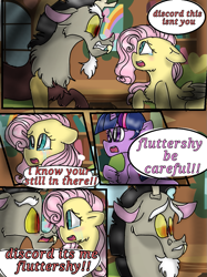 Size: 899x1200 | Tagged: safe, artist:coco_loves_art, artist:cocolove2176, imported from derpibooru, discord, fluttershy, twilight sparkle, draconequus, pegasus, pony, unicorn, comic:love heals, angry, bust, comic, crying, dialogue, discoshy, duo, eyelashes, female, gritted teeth, indoors, male, mare, open mouth, shipping, solo, solo female, solo male, straight, teeth, unicorn twilight