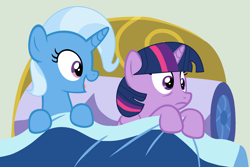 Size: 2384x1588 | Tagged: safe, artist:jadeharmony, artist:jadethepegasus, imported from derpibooru, trixie, twilight sparkle, alicorn, bed, female, lesbian, shipping, sleepover, twilight sparkle (alicorn), twixie