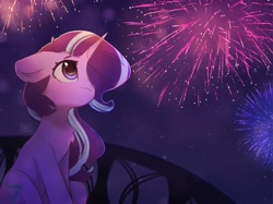 Size: 3350x2500 | Tagged: safe, artist:radioaxi, artist:reterica, imported from derpibooru, starlight glimmer, pony, unicorn, balcony, commission, female, fireworks, floppy ears, hair over one eye, mare, night, outdoors, solo