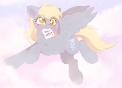 Size: 2156x1564 | Tagged: safe, artist:adostume, imported from derpibooru, derpy hooves, pegasus, pony, adorkable, blushing, cloud, cute, cutie mark, dork, eyelashes, female, fluffy, flying, happy, mare, mouth hold, pink sky, positive message, positive ponies, raised hoof, sky, solo, sparkles, wholesome, wings