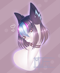 Size: 1521x1860 | Tagged: safe, artist:minelvi, imported from derpibooru, oc, oc only, earth pony, pony, abstract background, bust, choker, ear fluff, earth pony oc, signature, solo