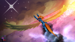 Size: 3840x2160 | Tagged: safe, artist:brainiac, imported from derpibooru, spitfire, pegasus, pony, clothes, female, flying, giant wings, large wings, mare, solo, uniform, wings, wonderbolts uniform