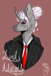 Size: 690x1024 | Tagged: safe, artist:yoonah, imported from derpibooru, oc, oc only, anthro, unicorn, black sclera, bust, clothes, horn, necktie, signature, simple background, solo, unicorn oc