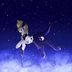 Size: 1024x1024 | Tagged: safe, artist:yoonah, imported from derpibooru, oc, oc only, pony, cloud, colored hooves, flying, leonine tail, night, outdoors, shooting star, solo, stars