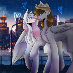 Size: 1024x1024 | Tagged: safe, artist:yoonah, imported from derpibooru, oc, oc only, pegasus, pony, :p, blushing, building, hat, heart, looking at each other, male, oc x oc, outdoors, pegasus oc, raised hoof, shipping, stallion, tongue out, twilight (astronomy), water, wings