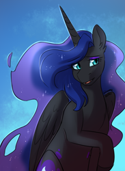 Size: 848x1160 | Tagged: safe, artist:cosmalumi, artist:its-gloomy, imported from derpibooru, nightmare moon, alicorn, pony, tumblr:ask queen moon, cute, female, folded wings, head turned, looking away, mare, missing accessory, moonabetes, nicemare moon, open mouth, shy, simple background, sitting, solo, turned head, wings