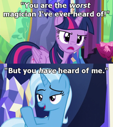 Size: 600x675 | Tagged: safe, edit, edited screencap, imported from derpibooru, screencap, trixie, twilight sparkle, alicorn, no second prances, season 6, angry, caption, comically missing the point, image macro, meme, pirates of the caribbean, smiling, text, troll, twilight sparkle (alicorn)