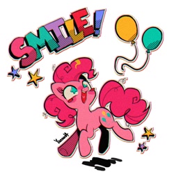 Size: 950x950 | Tagged: safe, artist:yanana_ua, imported from derpibooru, pinkie pie, earth pony, pony, balloon, blush sticker, blushing, cute, diapinkes, female, grainy, mare, open mouth, simple background, smiling, solo, starry eyes, stars, white background, wingding eyes