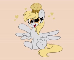Size: 4096x3307 | Tagged: safe, artist:kittyrosie, imported from derpibooru, derpy hooves, pegasus, pony, blushing, cute, derpabetes, food, muffin, open mouth, sitting, solo, spread wings, wings