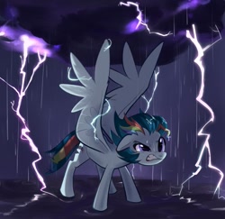 Size: 998x972 | Tagged: safe, artist:switchsugar, imported from derpibooru, oc, oc only, pegasus, pony, cloud, lightning, rain, solo, spread wings, wings