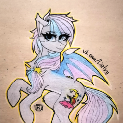 Size: 2726x2713 | Tagged: source needed, safe, artist:liatry, imported from derpibooru, oc, oc only, oc:dreamyway skies, bat pony, pony, bat pony oc, bat wings, commission, female, hair accessory, looking at you, mare, pony oc, signature, simple background, solo, traditional art, wings