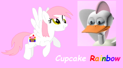 Size: 738x410 | Tagged: safe, artist:sparklecat16, imported from derpibooru, oc, oc:cupcake rainbow, pegasus, pony, cupcake, cutie mark, derp, duckface, female, food, grin, mare, pegasus oc, pink background, rainbow, rainbow text, simple background, smiling, white text, wings