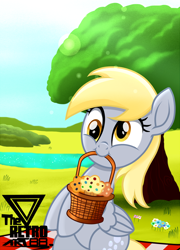 Size: 1300x1810 | Tagged: safe, artist:theretroart88, imported from derpibooru, derpy hooves, pegasus, pony, basket, derp, female, food, mouth hold, muffin, picnic, sitting, solo