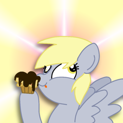 Size: 768x768 | Tagged: safe, artist:crossovercartoons, imported from derpibooru, derpy hooves, pegasus, pony, abstract background, animated in description, chocolate, chocolate covered, cross-eyed, cute, derpy appreciation day, derpy day, derpy day 2021, digital art, food, gif in description, muffin, solo, that pony sure does love muffins