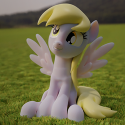 Size: 3840x3840 | Tagged: safe, artist:xppp1n, imported from ponybooru, derpy hooves, 3d, blender, blender cycles, grass, grass field, sitting, smiling, solo