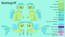 Size: 3567x2067 | Tagged: safe, artist:ethanjacobsyrosca, imported from derpibooru, oc, oc only, oc:bottlegriff, classical hippogriff, hippogriff, seapony (g4), absurd resolution, green background, jewelry, necklace, reference sheet, simple background, solo, vector