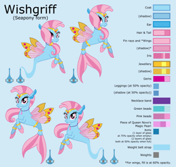 Size: 8473x8018 | Tagged: safe, artist:ethanjacobsyrosca, imported from derpibooru, oc, oc only, oc:wishgriff, genie, seapony (g4), absurd resolution, blue background, bottle, bracelet, circlet, clothes, gold, jewelry, leggings, looking at you, not silverstream, reference sheet, simple background, smiling, solo, vector, wing jewelry