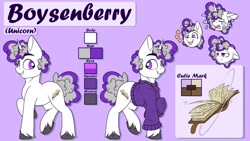 Size: 1807x1016 | Tagged: safe, artist:notetaker, imported from ponybooru, oc, oc only, oc:boysenberry, pony, unicorn, clothes, crying, cutie mark, ears, floppy ears, happy, horn, lavender background, looking to side, looking to the left, looking to the right, male, open mouth, purple background, purple eyes, reference sheet, sad, simple background, smiling, solo, sweater, text, two toned mane, two toned tail, unamused, unshorn fetlocks, white coat