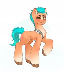 Size: 1810x2048 | Tagged: safe, artist:catboyplanet, artist:p0nyplanet, imported from derpibooru, hitch trailblazer, earth pony, pony, abstract background, blushing, chest fluff, g5, grin, looking at you, male, one eye closed, raised hoof, smiling, solo, stallion, teeth, unshorn fetlocks, wink