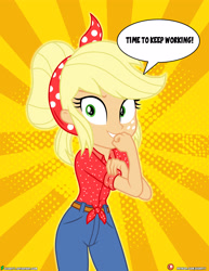 Size: 3090x4000 | Tagged: safe, artist:dieart77, imported from derpibooru, imported from ponybooru, applejack, equestria girls, equestria girls series, five to nine, clothes, dialogue, female, freckles, high res, pants, rosie the riveter, solo, speech bubble