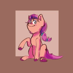 Size: 2000x2000 | Tagged: safe, artist:cr0_1__, imported from derpibooru, sunny starscout, earth pony, pony, abstract background, braid, female, g5, high res, looking at you, mare, raised hoof, sitting, smiling, solo