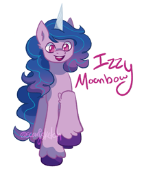 Size: 621x738 | Tagged: safe, artist:scarfsketch, imported from derpibooru, izzy moonbow, pony, unicorn, female, g5, mare, open mouth, raised hoof, signature, simple background, solo, text, unshorn fetlocks, white background