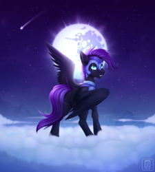 Size: 5315x5906 | Tagged: safe, artist:buvanybu, imported from derpibooru, oc, oc only, pegasus, pony, absurd resolution, armor, butt, cloud, commission, fangs, featureless crotch, looking back, mare in the moon, moon, night, oc name needed, oc needed, on a cloud, plot, shooting star, solo, standing on a cloud