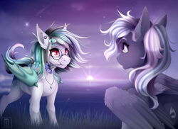 Size: 6496x4724 | Tagged: safe, artist:buvanybu, imported from derpibooru, oc, oc only, bat pony, pegasus, pony, absurd resolution, bat pony oc, bat wings, commission, ear piercing, earring, flower, flower in mouth, glasses, grass, hair accessory, jewelry, looking at each other, mouth hold, oc name needed, oc needed, pegasus oc, pendant, piercing, round glasses, shooting star, twilight (astronomy), wings